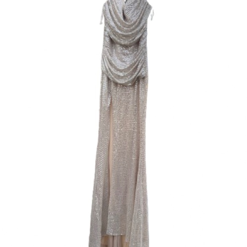 Miss Ord - elegant maxi party dress. Cream color with silver sequins - leg slit